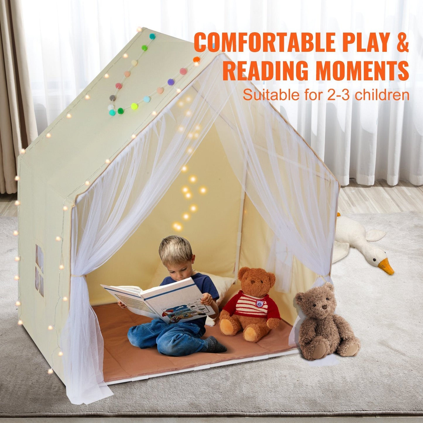 VEVOR Cozy Children's Play Tent - Ultimate Indoor & Outdoor Yurt for Ages 1-5 with Mat & Lamp, Stylish Beige Design