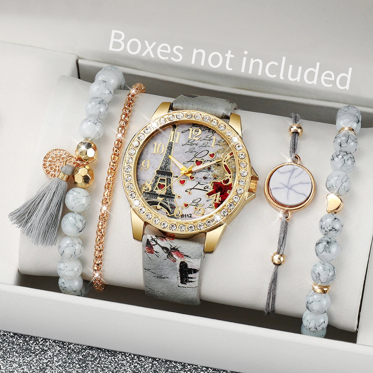 Dazzling Fashion Rhinestone Women's Quartz Watch Set with Beautiful Floral Leather Bands - Available in 3/4/5 Pieces
