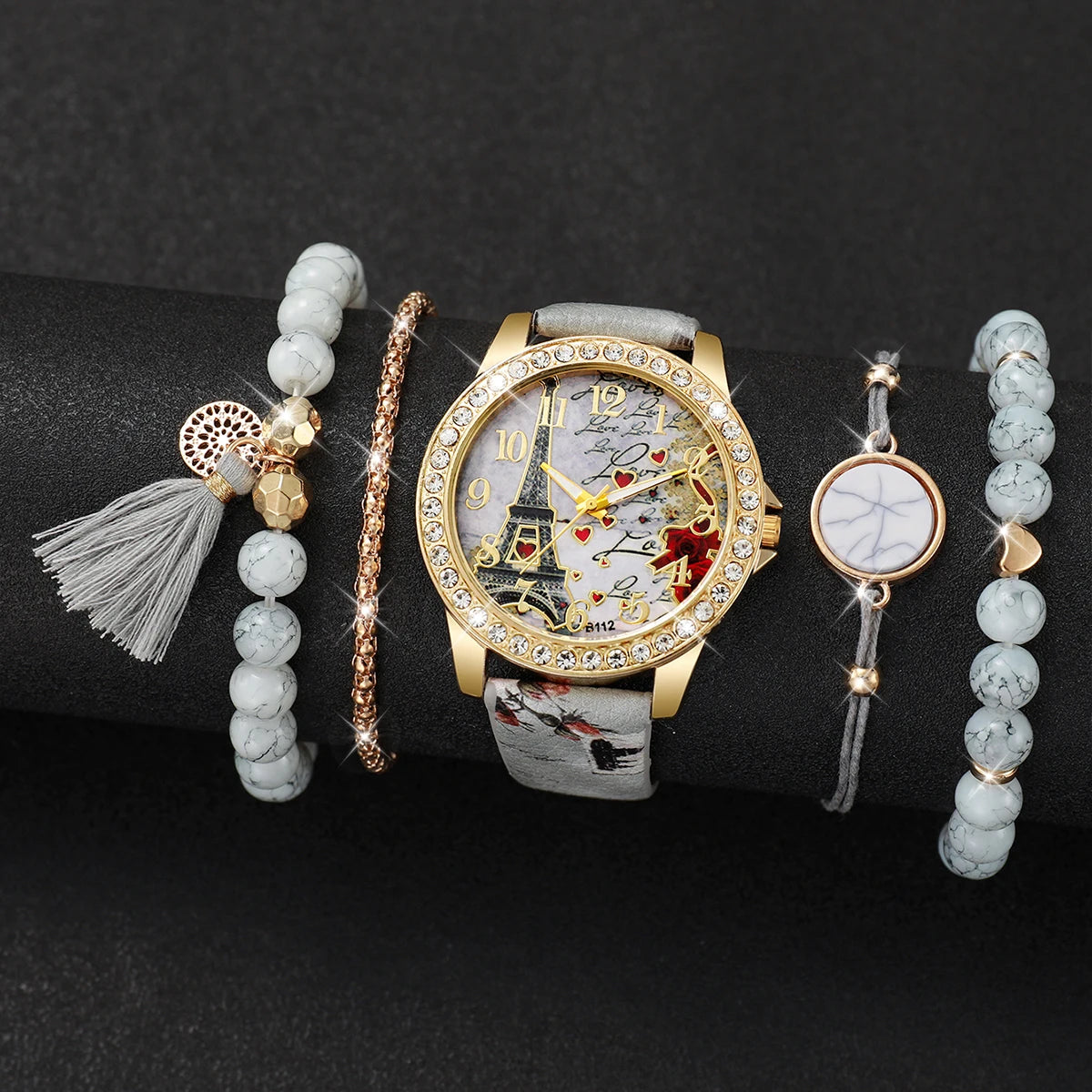 Dazzling Fashion Rhinestone Women's Quartz Watch Set with Beautiful Floral Leather Bands - Available in 3/4/5 Pieces