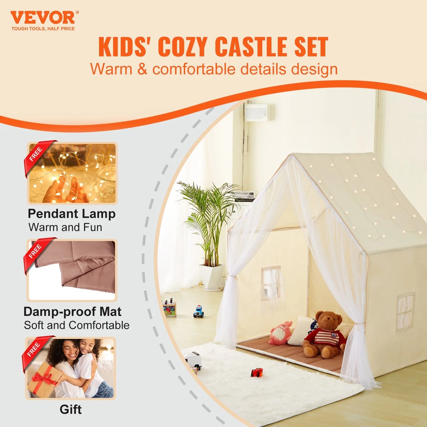 VEVOR Cozy Children's Play Tent - Ultimate Indoor & Outdoor Yurt for Ages 1-5 with Mat & Lamp, Stylish Beige Design