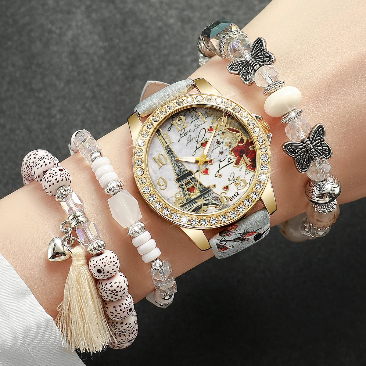 Dazzling Fashion Rhinestone Women's Quartz Watch Set with Beautiful Floral Leather Bands - Available in 3/4/5 Pieces