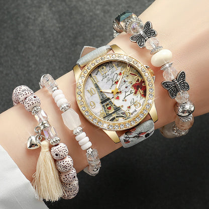 Dazzling Fashion Rhinestone Women's Quartz Watch Set with Beautiful Floral Leather Bands - Available in 3/4/5 Pieces