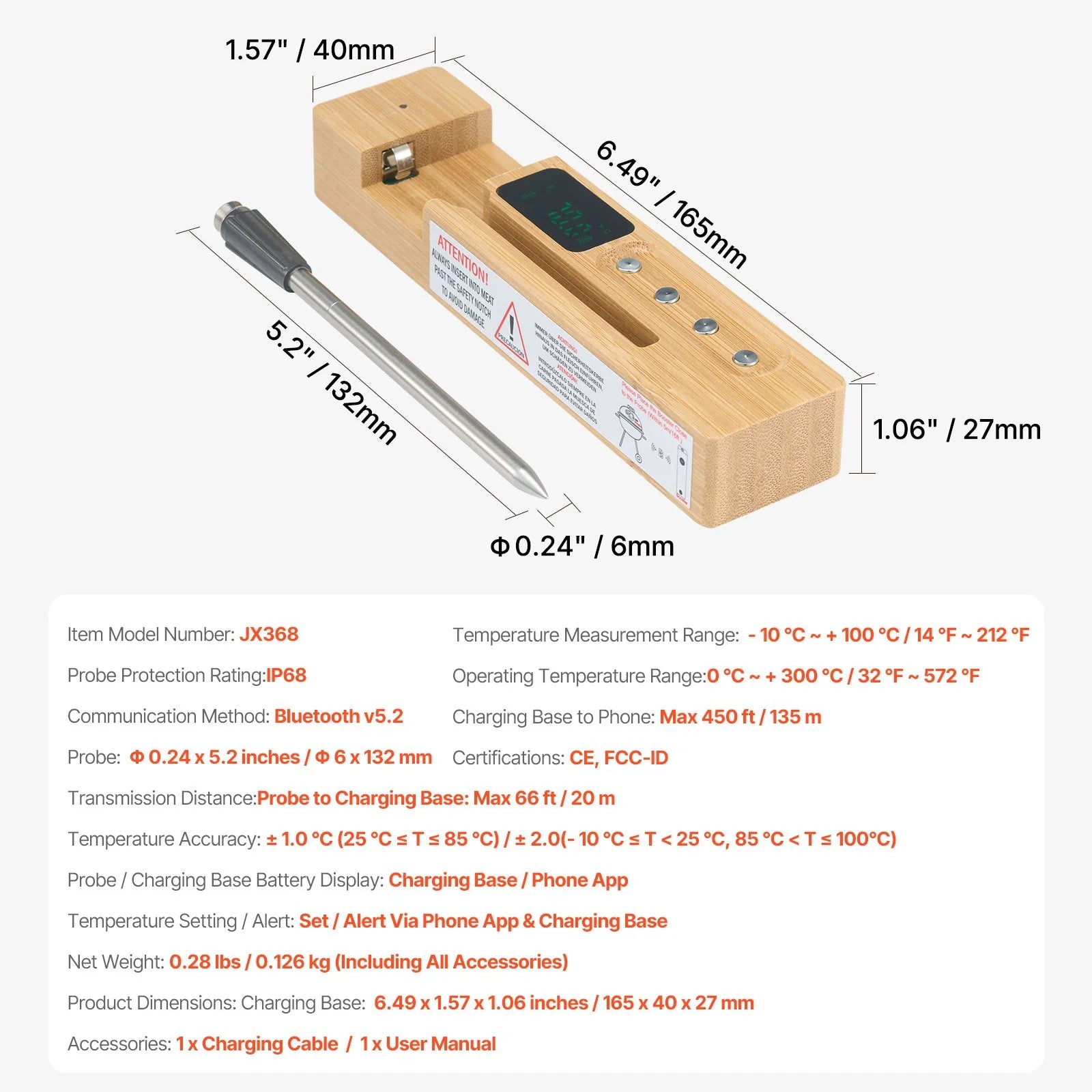 VEVOR Bluetooth Wireless Meat Thermometer - Effortless Cooking with 500 Ft Range for Perfectly Cooked Meats