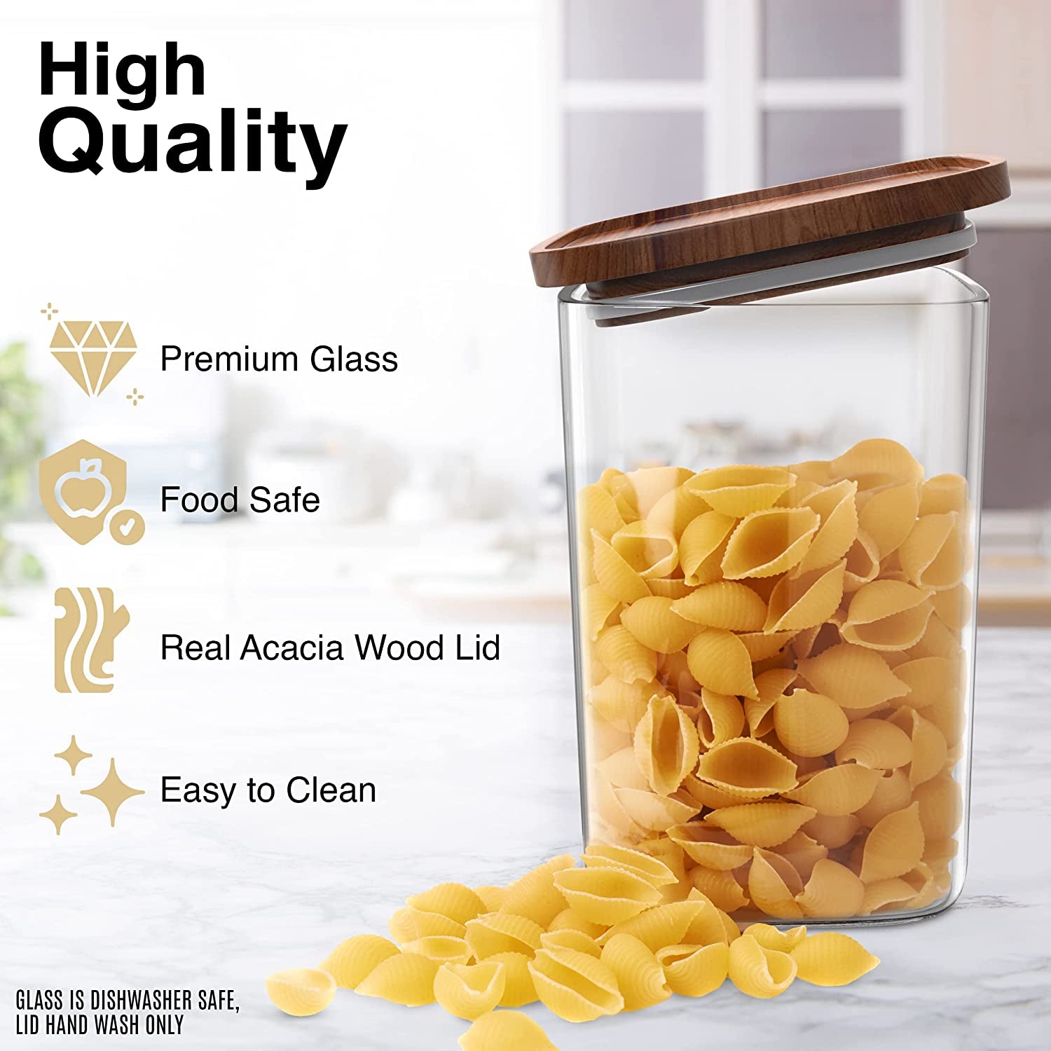 Set of 2 Square Glass Storage Jars with Wooden Lids - 52 Fl Oz Airtight and Stackable ECO-Friendly Containers for Kitchen Pantry - BPA Free and Recyclable Canisters for Food, Cookies, and Coffee Beans
