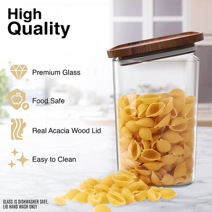 Set of 2 Square Glass Storage Jars with Wooden Lids - 52 Fl Oz Airtight and Stackable ECO-Friendly Containers for Kitchen Pantry - BPA Free and Recyclable Canisters for Food, Cookies, and Coffee Beans