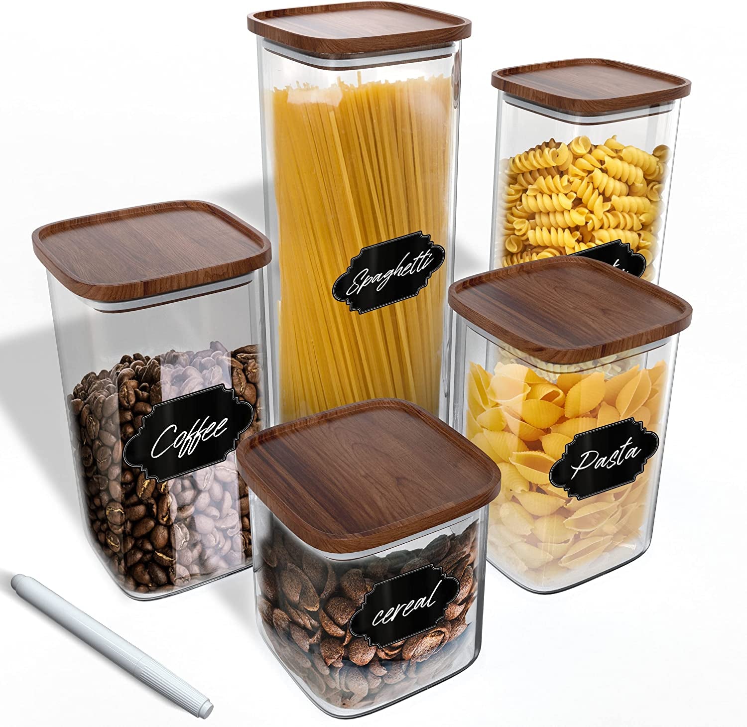 Set of 2 Square Glass Storage Jars with Wooden Lids - 52 Fl Oz Airtight and Stackable ECO-Friendly Containers for Kitchen Pantry - BPA Free and Recyclable Canisters for Food, Cookies, and Coffee Beans