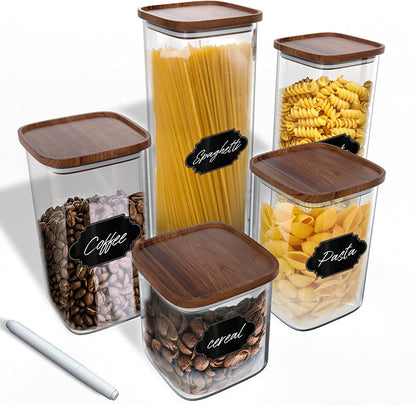 Set of 2 Square Glass Storage Jars with Wooden Lids - 52 Fl Oz Airtight and Stackable ECO-Friendly Containers for Kitchen Pantry - BPA Free and Recyclable Canisters for Food, Cookies, and Coffee Beans