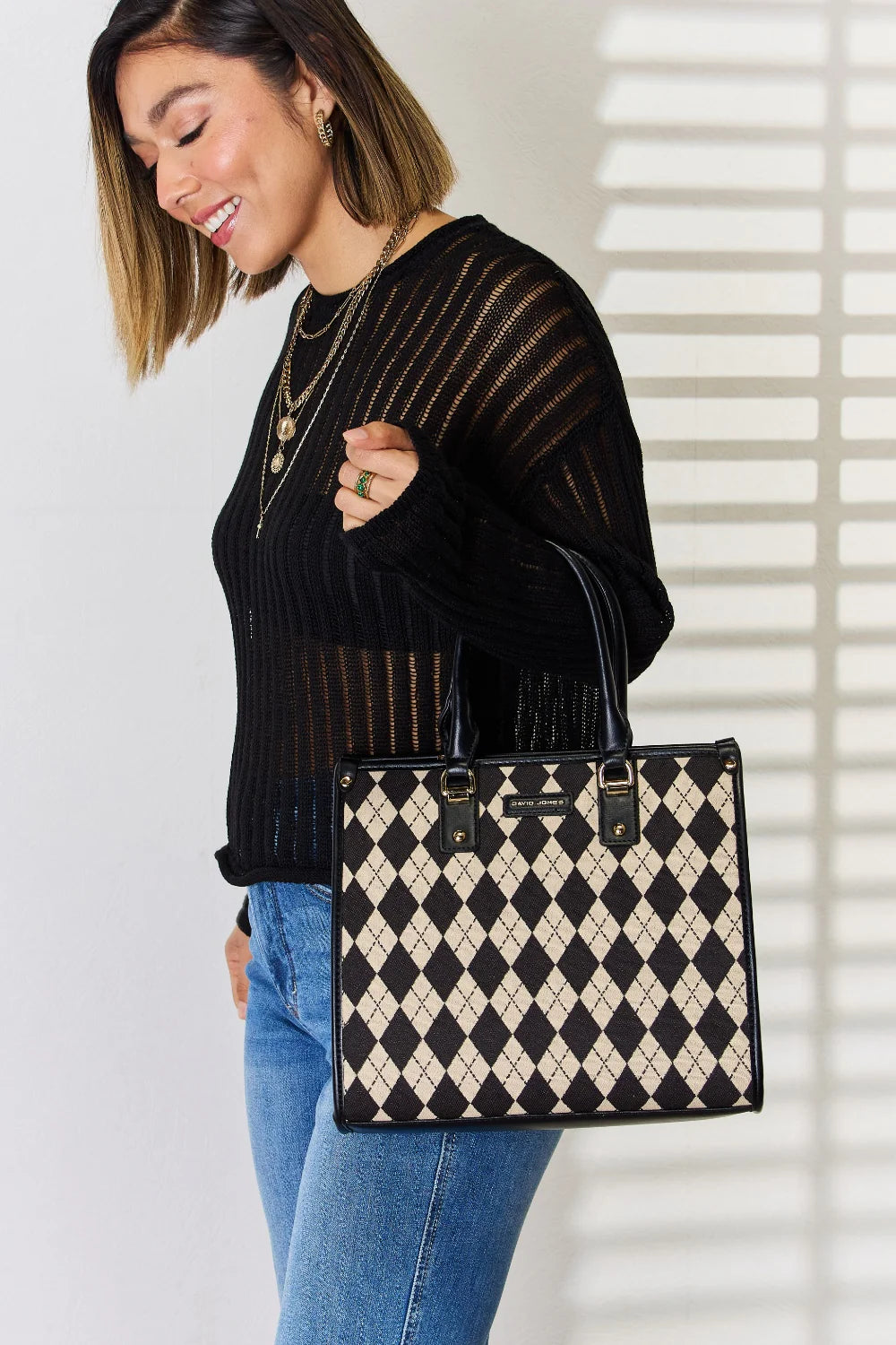 Elevate Your Everyday Look with the David Jones Stylish Argyle Pattern Faux Leather Handbag