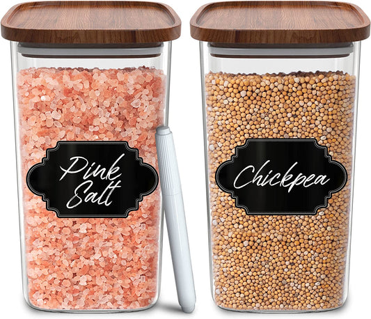 Set of 2 Square Glass Storage Jars with Wooden Lids - 52 Fl Oz Airtight and Stackable ECO-Friendly Containers for Kitchen Pantry - BPA Free and Recyclable Canisters for Food, Cookies, and Coffee Beans