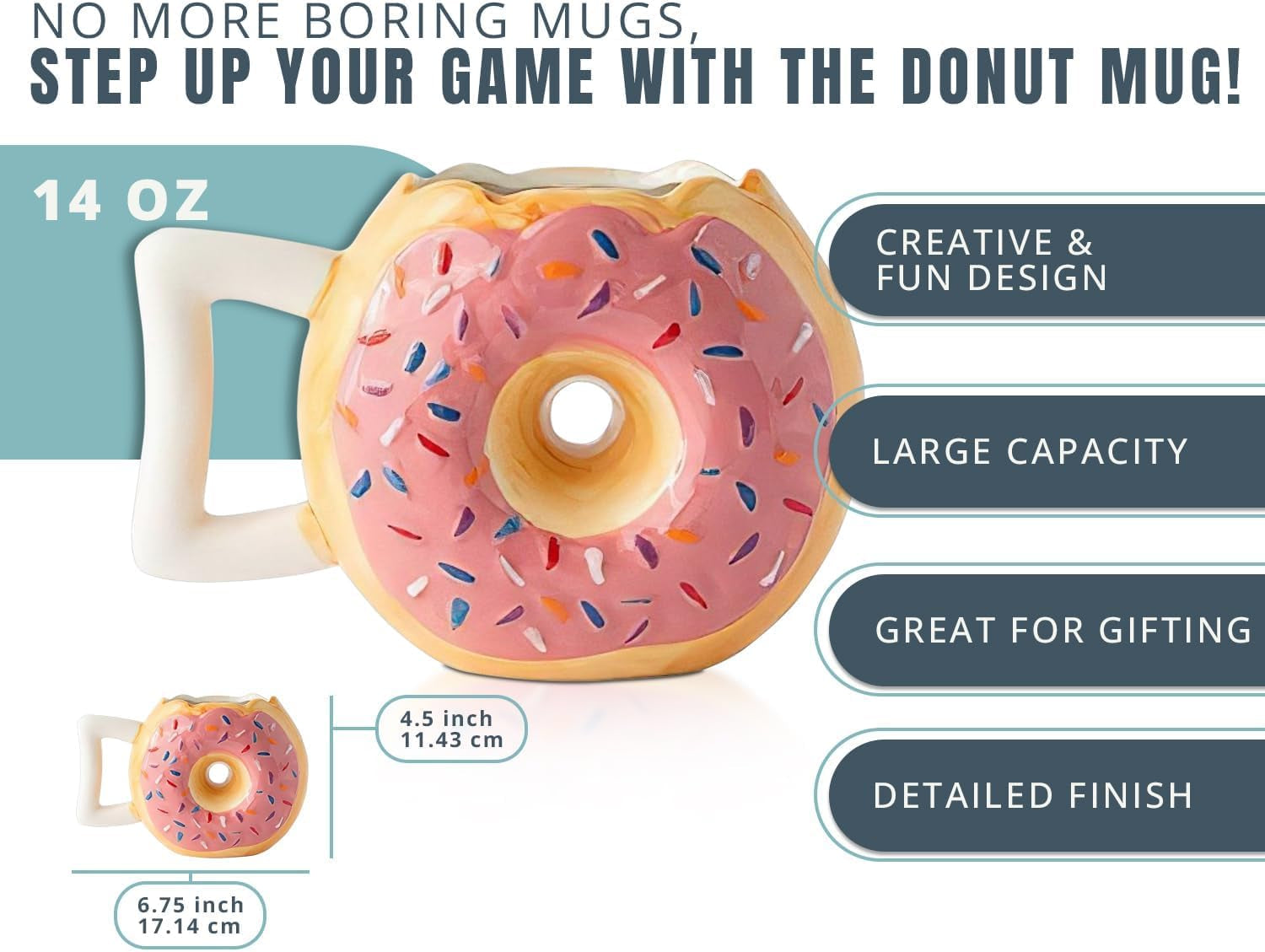 Delightful Pink Glazed Ceramic Donut Mug with Funny 'MMM... Donuts!' Quote - Perfect for Coffee Lovers - 14 Oz Capacity for Your Favorite Hot and Cold Drinks