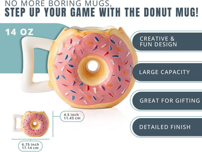 Delightful Pink Glazed Ceramic Donut Mug with Funny 'MMM... Donuts!' Quote - Perfect for Coffee Lovers - 14 Oz Capacity for Your Favorite Hot and Cold Drinks