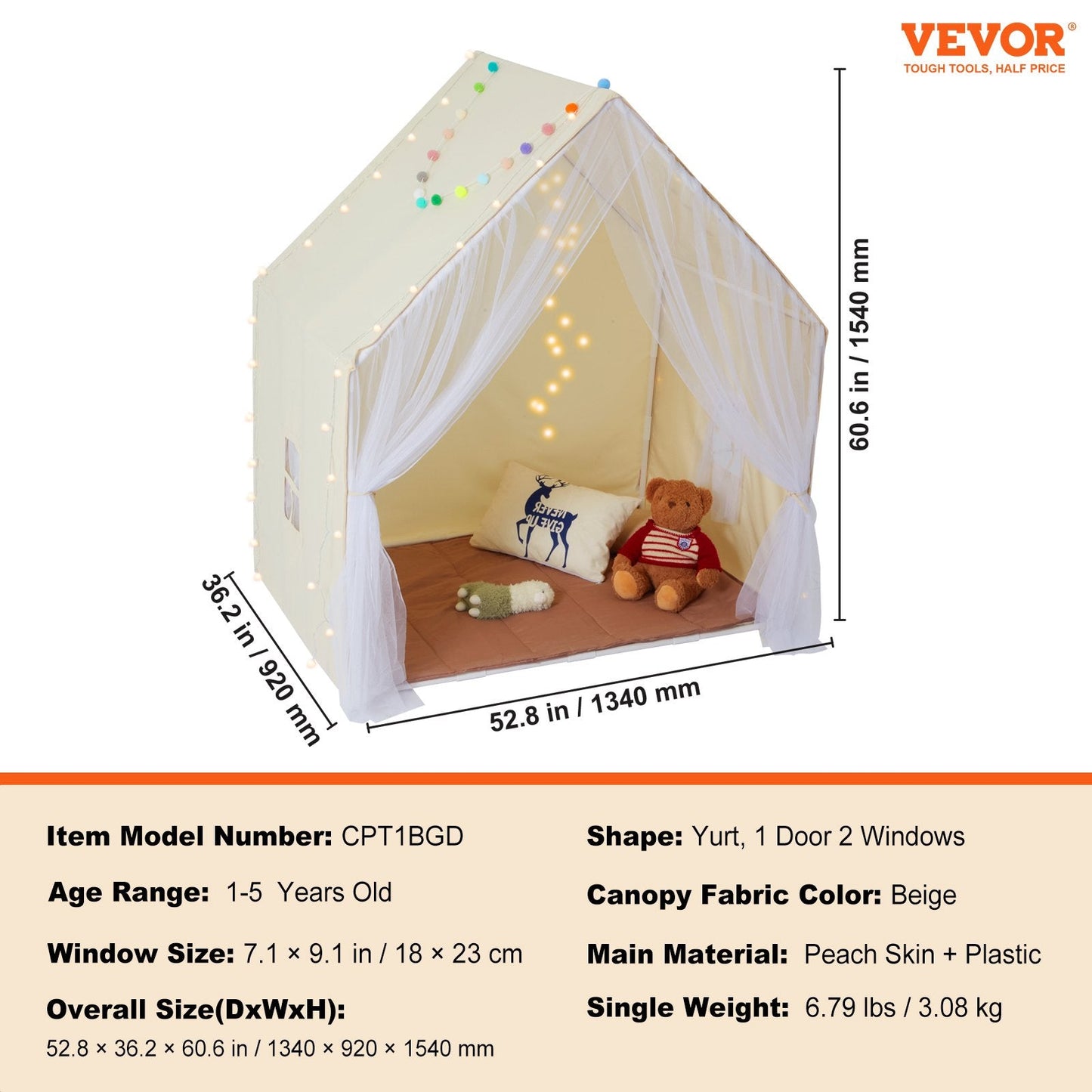 VEVOR Cozy Children's Play Tent - Ultimate Indoor & Outdoor Yurt for Ages 1-5 with Mat & Lamp, Stylish Beige Design