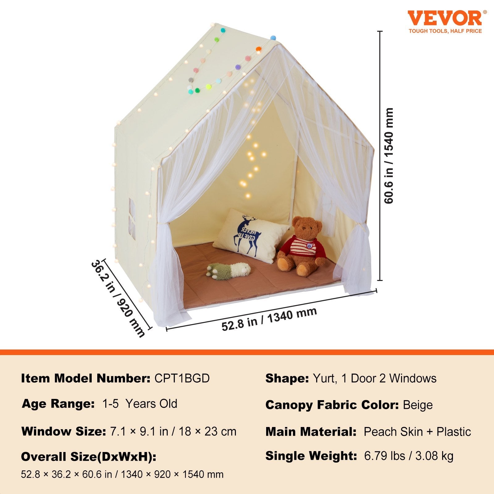 VEVOR Cozy Children's Play Tent - Ultimate Indoor & Outdoor Yurt for Ages 1-5 with Mat & Lamp, Stylish Beige Design