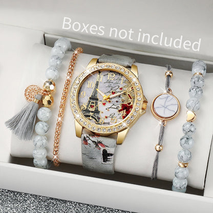 Dazzling Fashion Rhinestone Women's Quartz Watch Set with Beautiful Floral Leather Bands - Available in 3/4/5 Pieces
