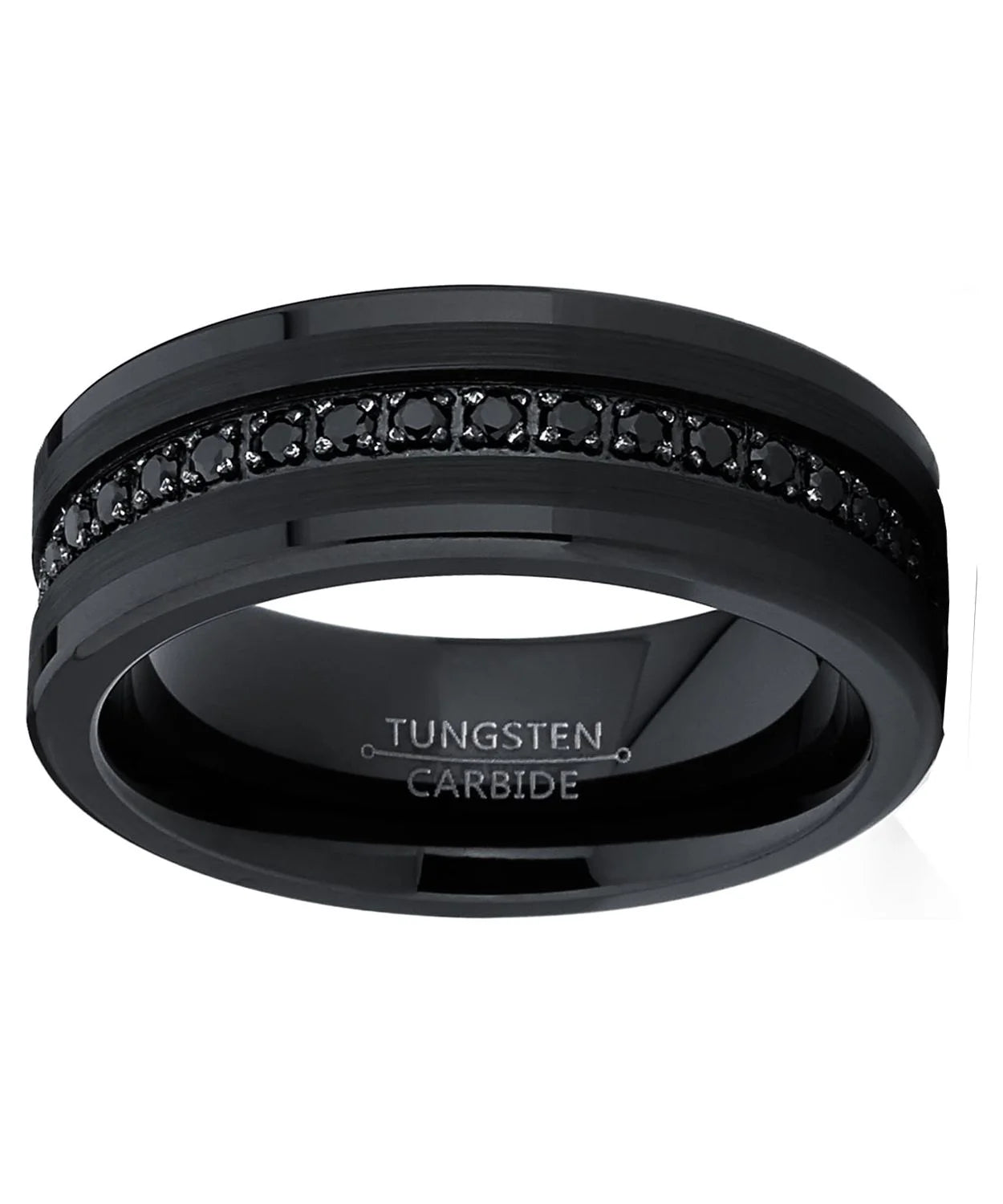 Elevate Your Commitment with Our Men's Genuine Tungsten Black Wedding Band Featuring Stunning Cubic Zirconia Eternity Design and Comfort Fit