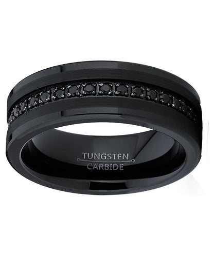 Elevate Your Commitment with Our Men's Genuine Tungsten Black Wedding Band Featuring Stunning Cubic Zirconia Eternity Design and Comfort Fit