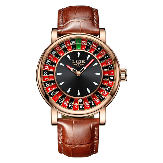 Men's Brown Leather Watch with Unique Las Vegas Roulette Design and Luminous Hands for Enhanced Timekeeping