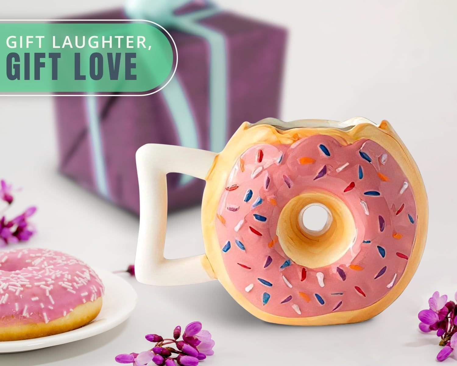 Delightful Pink Glazed Ceramic Donut Mug with Funny 'MMM... Donuts!' Quote - Perfect for Coffee Lovers - 14 Oz Capacity for Your Favorite Hot and Cold Drinks