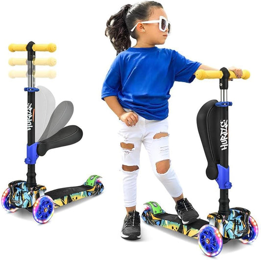 Exciting 3-Wheel Scooter with LED Lights - Adjustable Lean-To-Steer Handlebar and Foldable Seat for Fun Riding Experience - Perfect for Kids Ages 1-14!