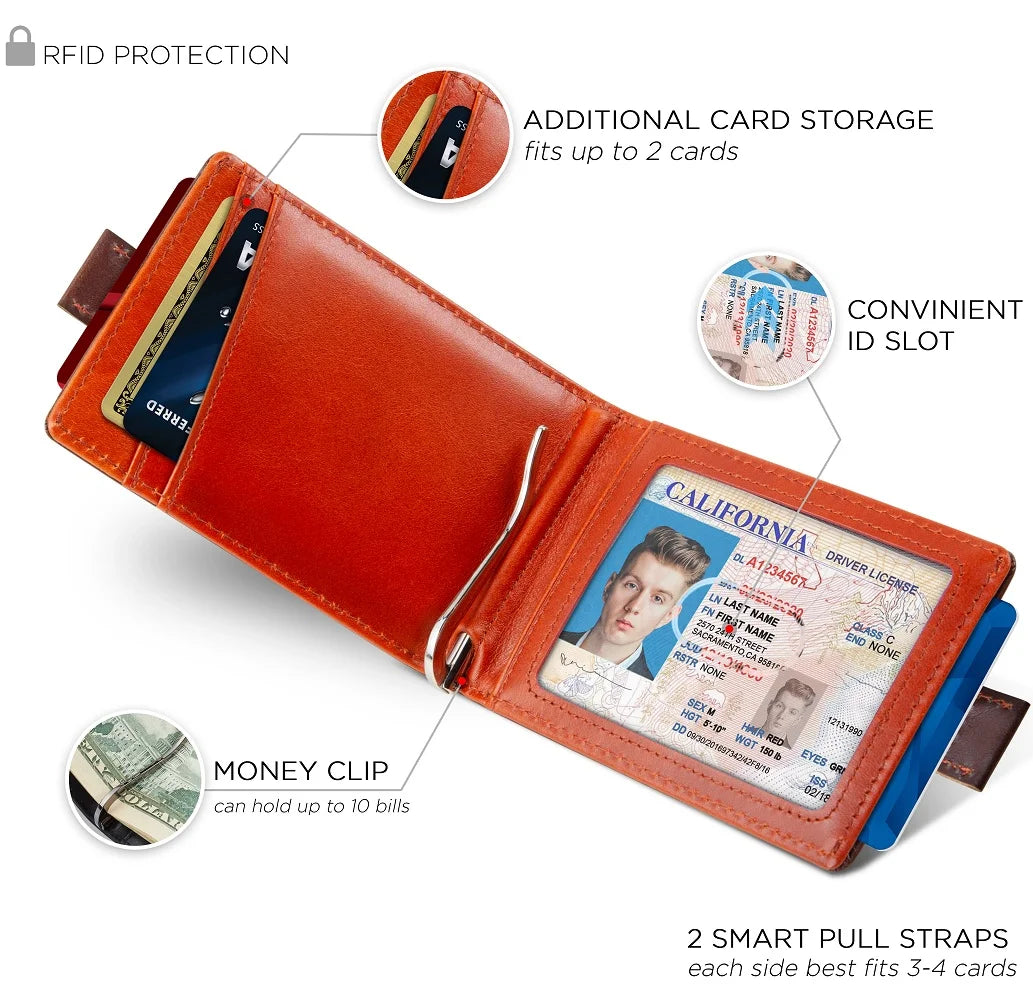 Elevate Your Style with the Slim Leather Bifold Wallet Featuring RFID Protection & Money Clip - Unmatched Elegance in Melted Chocolate for the Modern Man