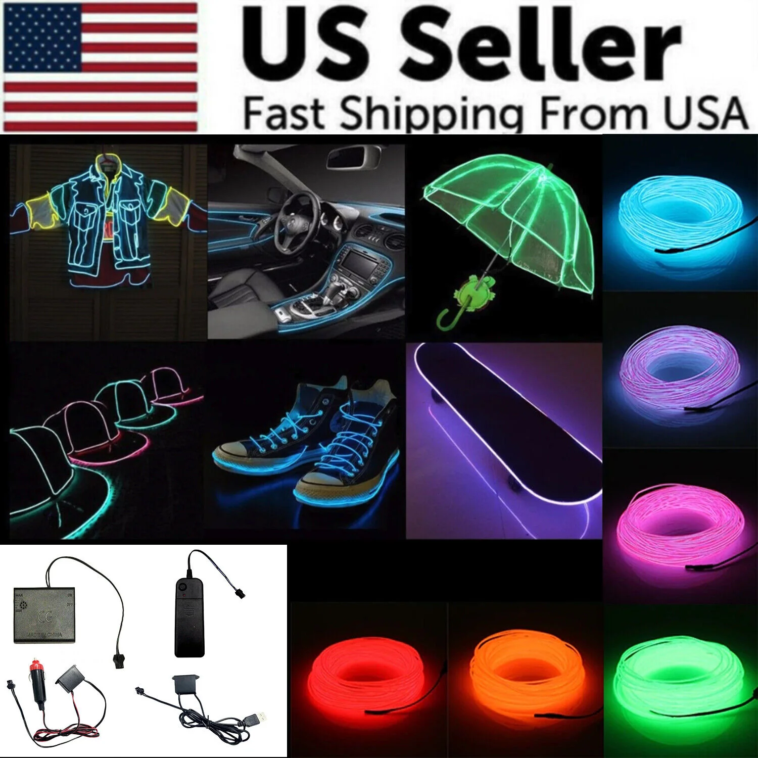 Neon LED EL Wire String Lights with Controller for Car and Party Decoration