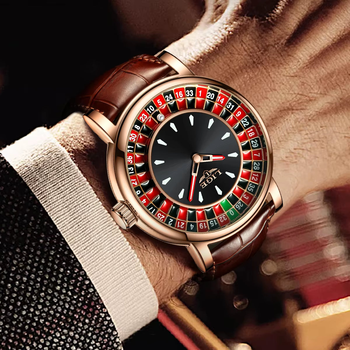 Men's Brown Leather Watch with Unique Las Vegas Roulette Design and Luminous Hands for Enhanced Timekeeping