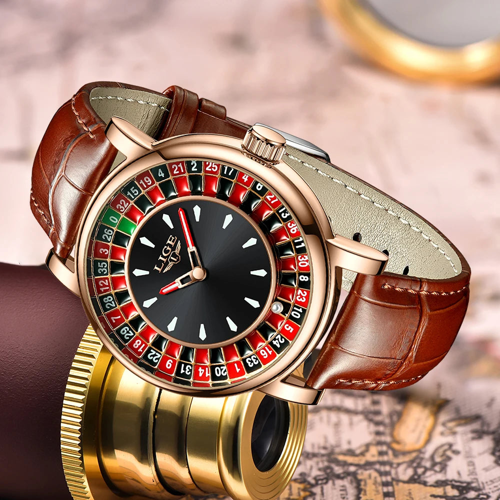 Men's Brown Leather Watch with Unique Las Vegas Roulette Design and Luminous Hands for Enhanced Timekeeping
