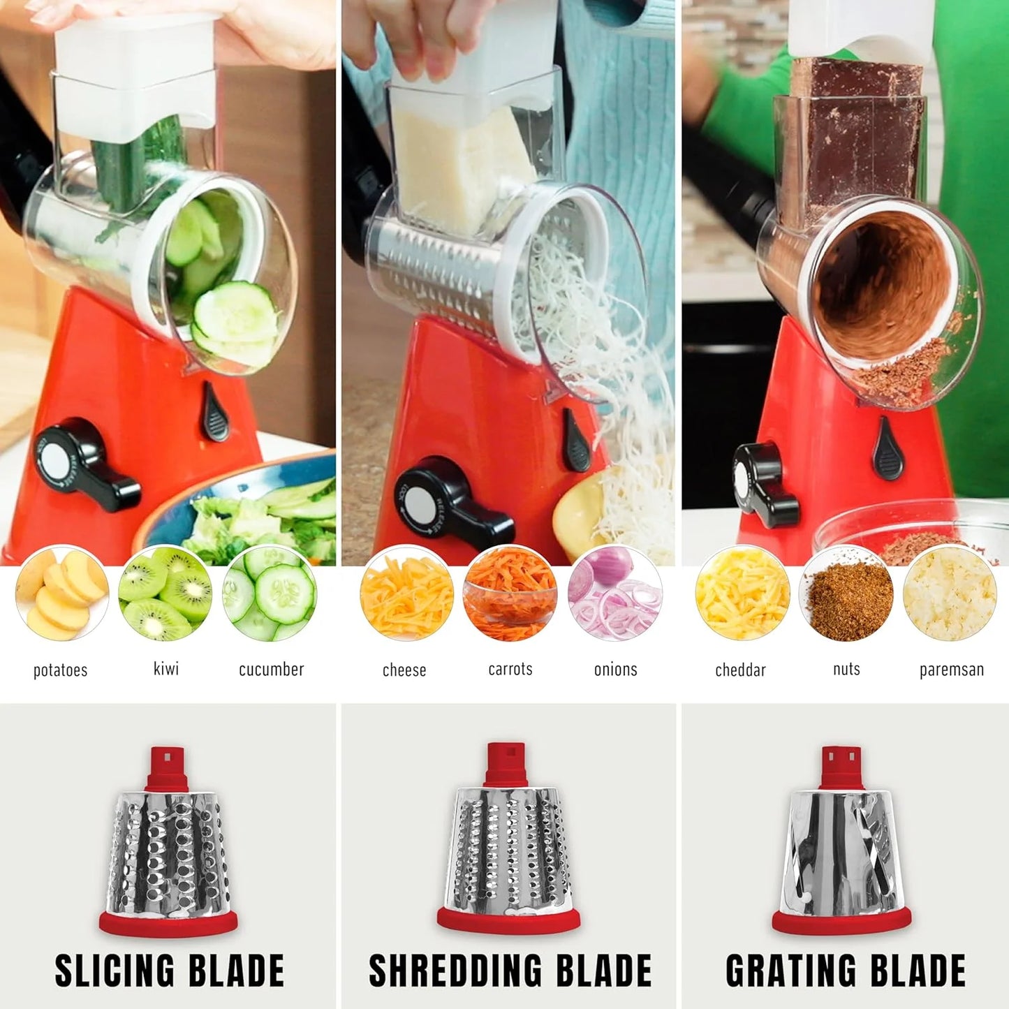 Revolutionize Your Cooking with the Stainless Steel Rotary Cheese Grater - Hand Crank, 3 Blades, Perfect Vegetable Slicer with Suction Base