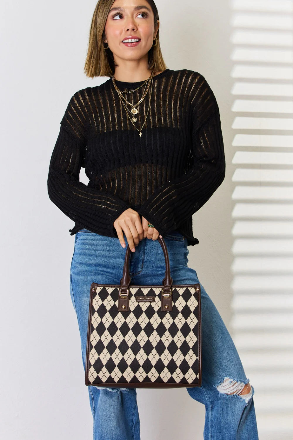 Elevate Your Everyday Look with the David Jones Stylish Argyle Pattern Faux Leather Handbag