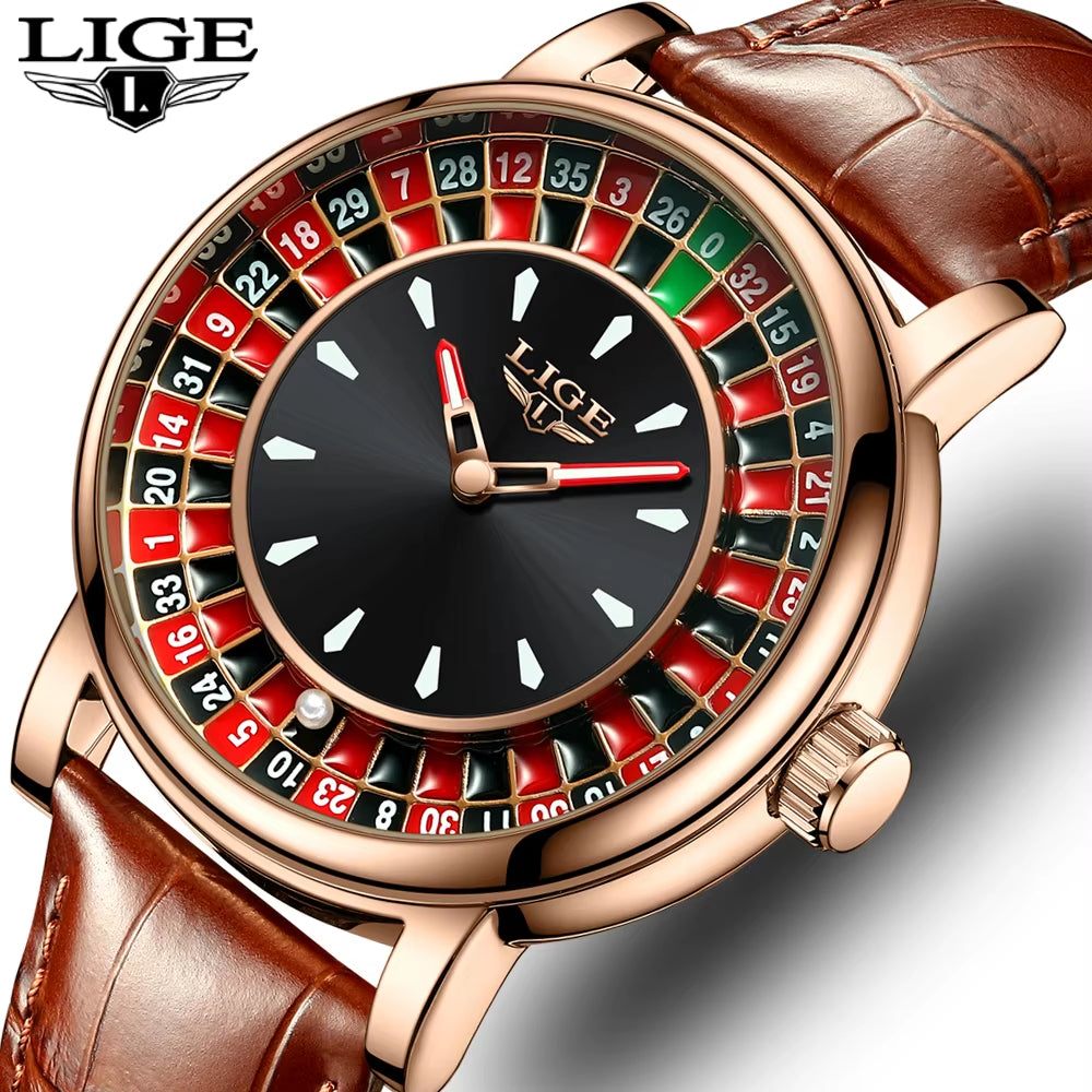 Men's Brown Leather Watch with Unique Las Vegas Roulette Design and Luminous Hands for Enhanced Timekeeping