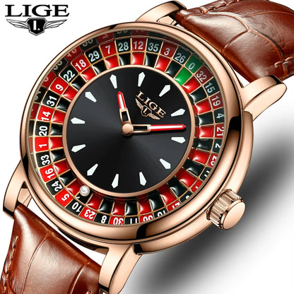 Men's Brown Leather Watch with Unique Las Vegas Roulette Design and Luminous Hands for Enhanced Timekeeping