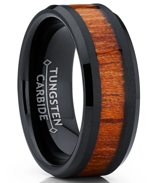 Men's Stylish Black Tungsten Carbide Wedding Band with Exquisite Rosewood Inlay - Comfort-Fit Design, 8mm Width