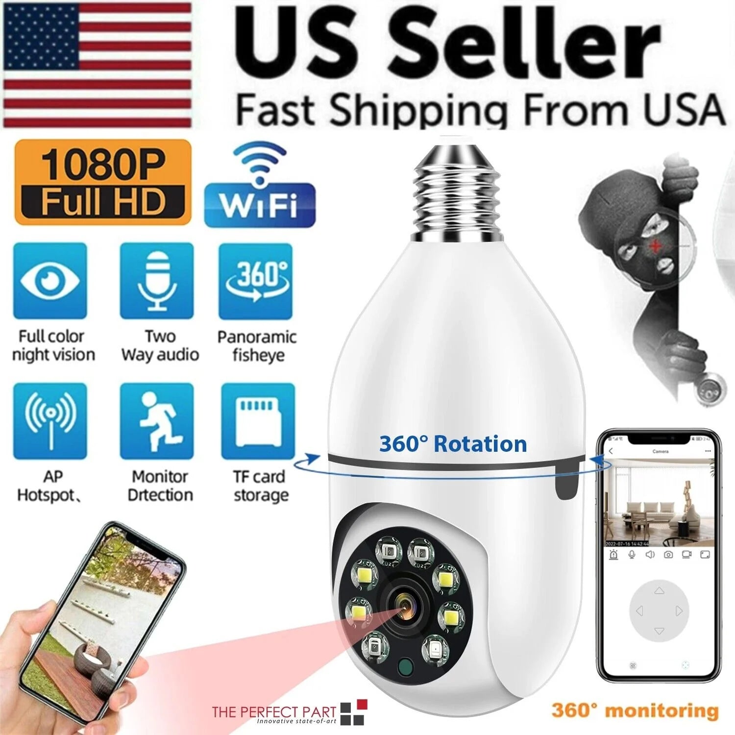 360° 1080P Wi-Fi IP E27 Light Bulb Camera with Infrared Night Vision for Smart Home Security
