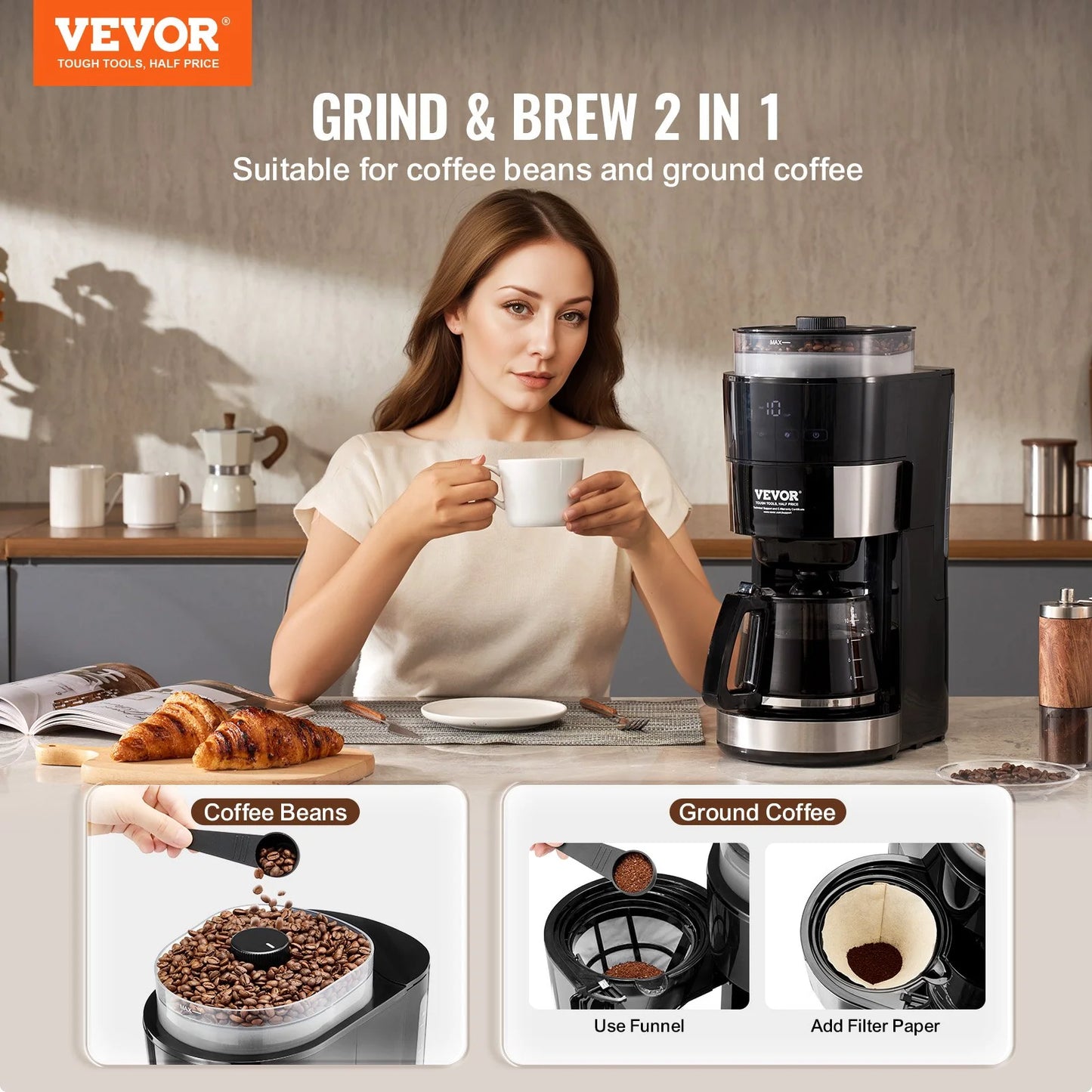 Experience Barista Quality at Home: VEVOR 10-Cup Drip Coffee Maker with Customizable Brew Strength