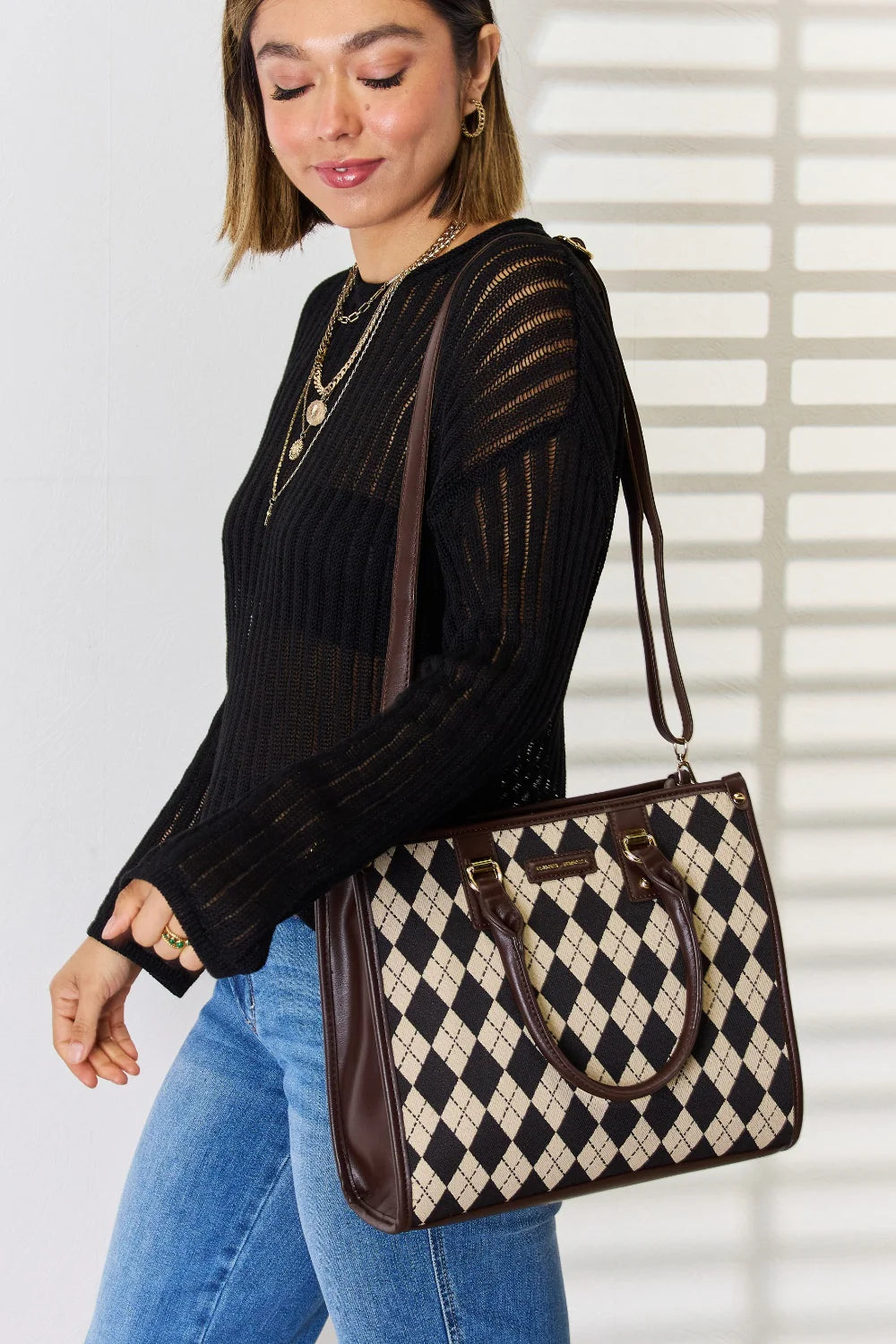 Elevate Your Everyday Look with the David Jones Stylish Argyle Pattern Faux Leather Handbag