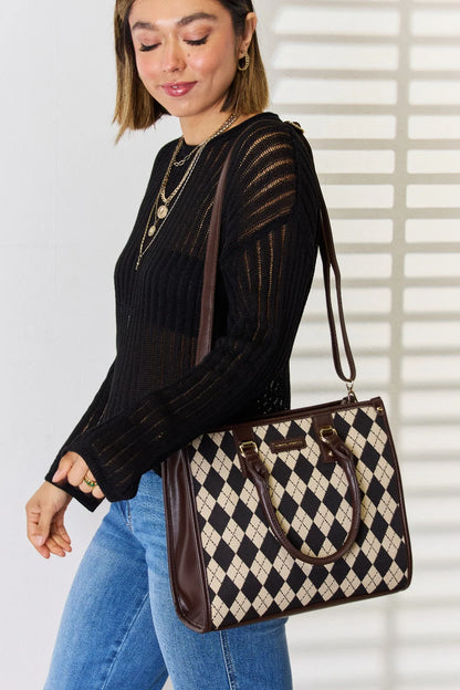 Elevate Your Everyday Look with the David Jones Stylish Argyle Pattern Faux Leather Handbag