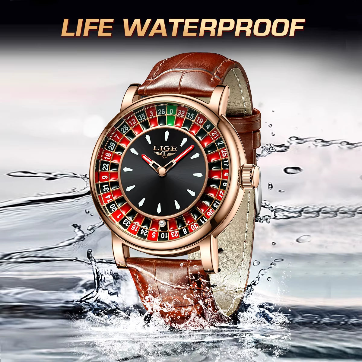 Men's Brown Leather Watch with Unique Las Vegas Roulette Design and Luminous Hands for Enhanced Timekeeping