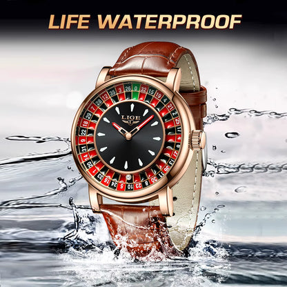 Men's Brown Leather Watch with Unique Las Vegas Roulette Design and Luminous Hands for Enhanced Timekeeping
