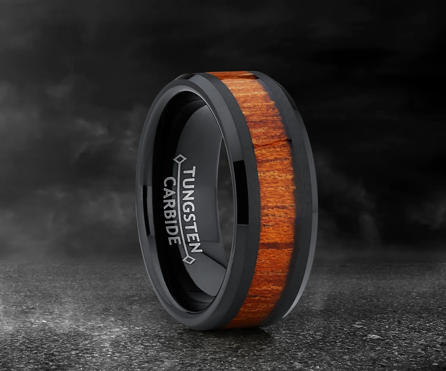 Men's Stylish Black Tungsten Carbide Wedding Band with Exquisite Rosewood Inlay - Comfort-Fit Design, 8mm Width