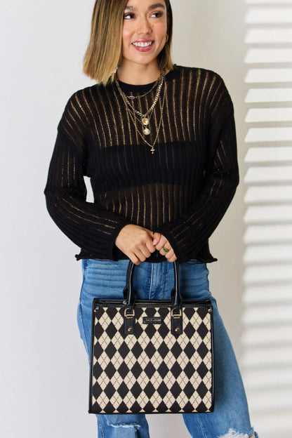 Elevate Your Everyday Look with the David Jones Stylish Argyle Pattern Faux Leather Handbag