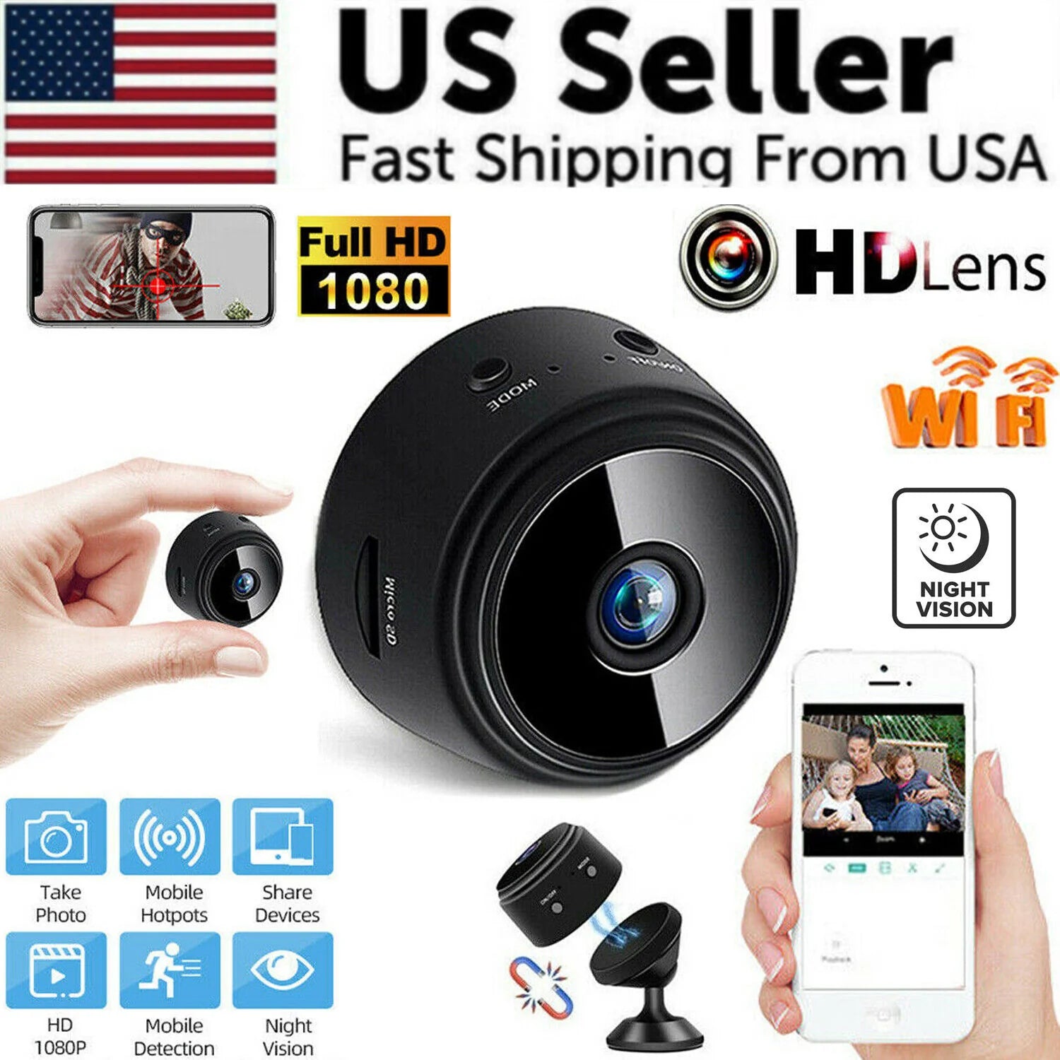 Mini Wireless Hidden Camera with WiFi IP, Home Security DVR, Night Vision, HD 1080P, USB