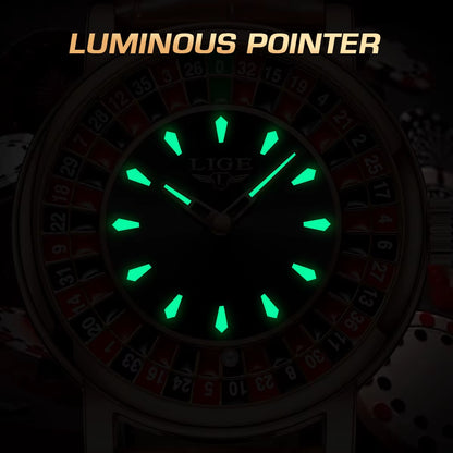 Men's Brown Leather Watch with Unique Las Vegas Roulette Design and Luminous Hands for Enhanced Timekeeping