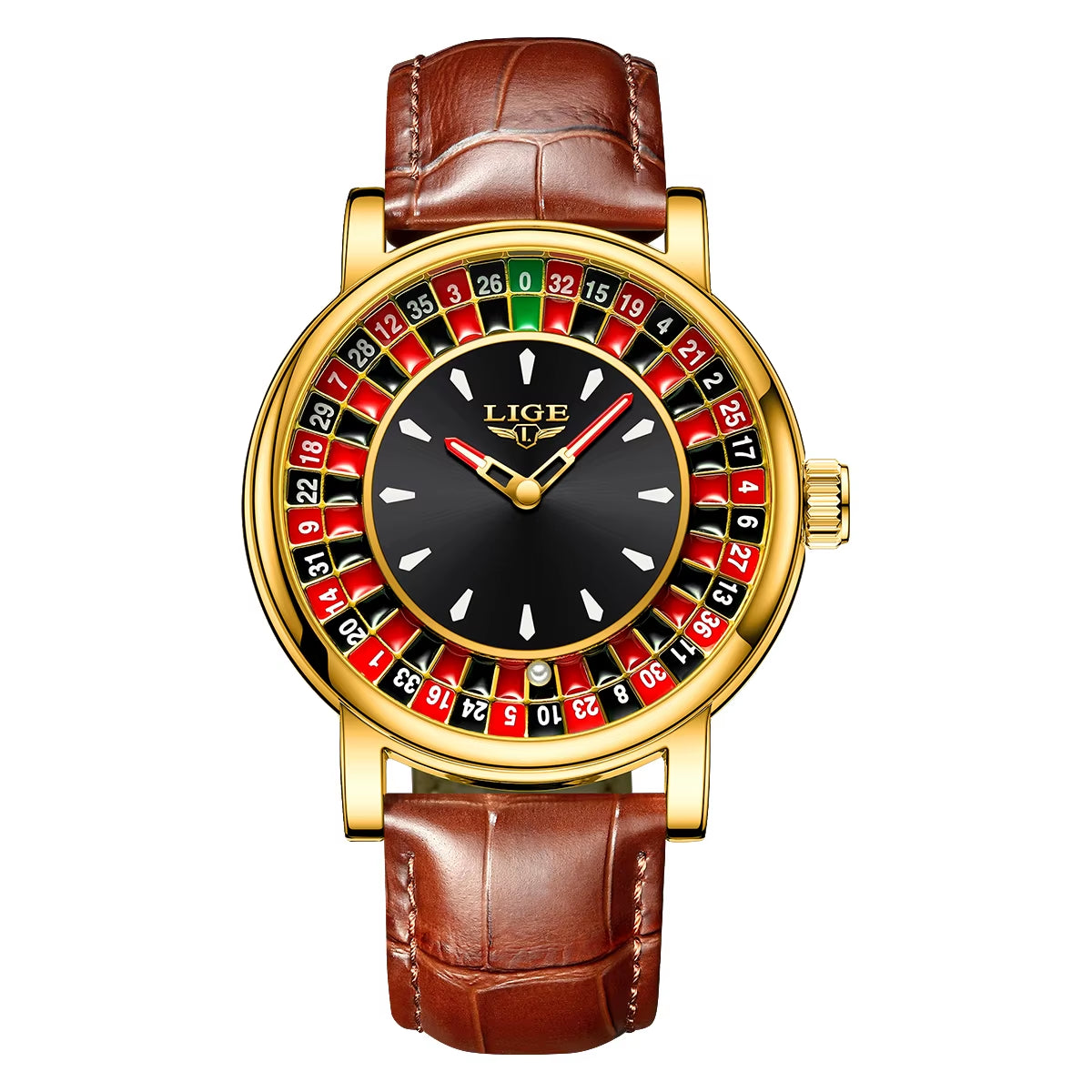 Men's Brown Leather Watch with Unique Las Vegas Roulette Design and Luminous Hands for Enhanced Timekeeping