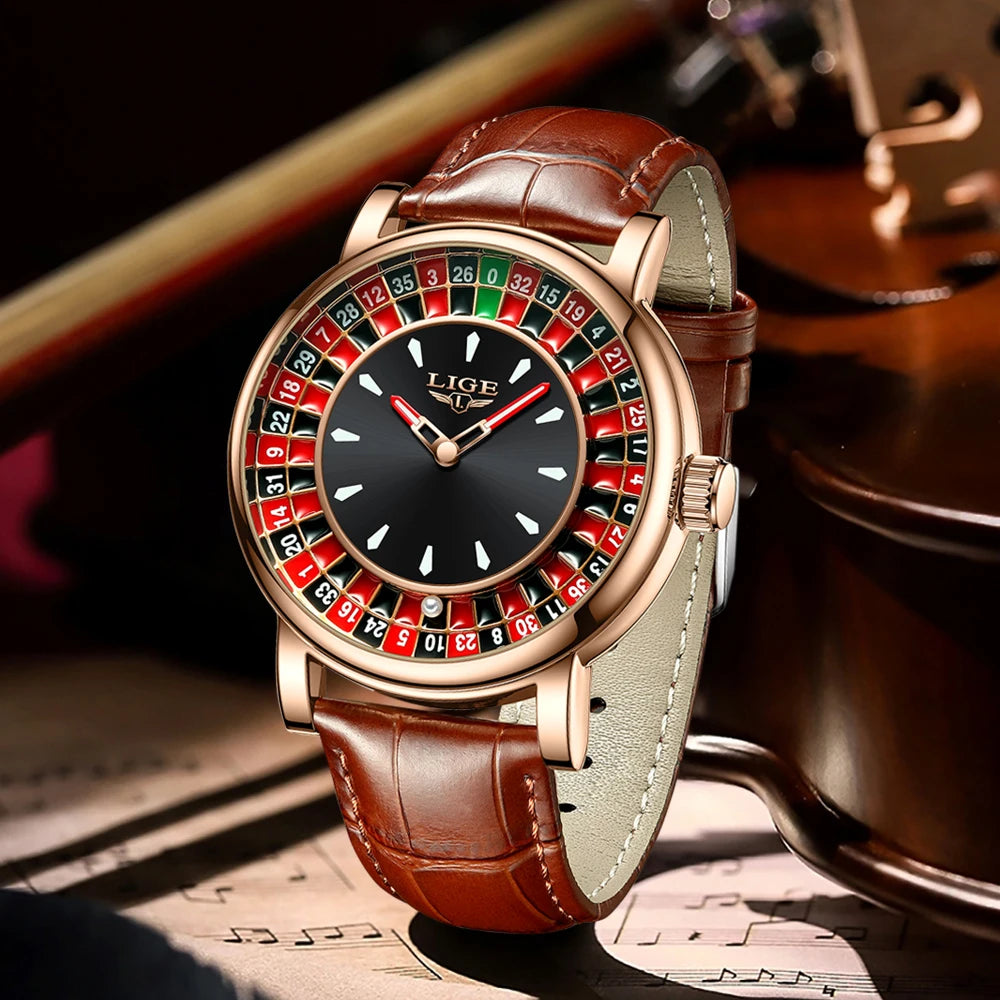Men's Brown Leather Watch with Unique Las Vegas Roulette Design and Luminous Hands for Enhanced Timekeeping