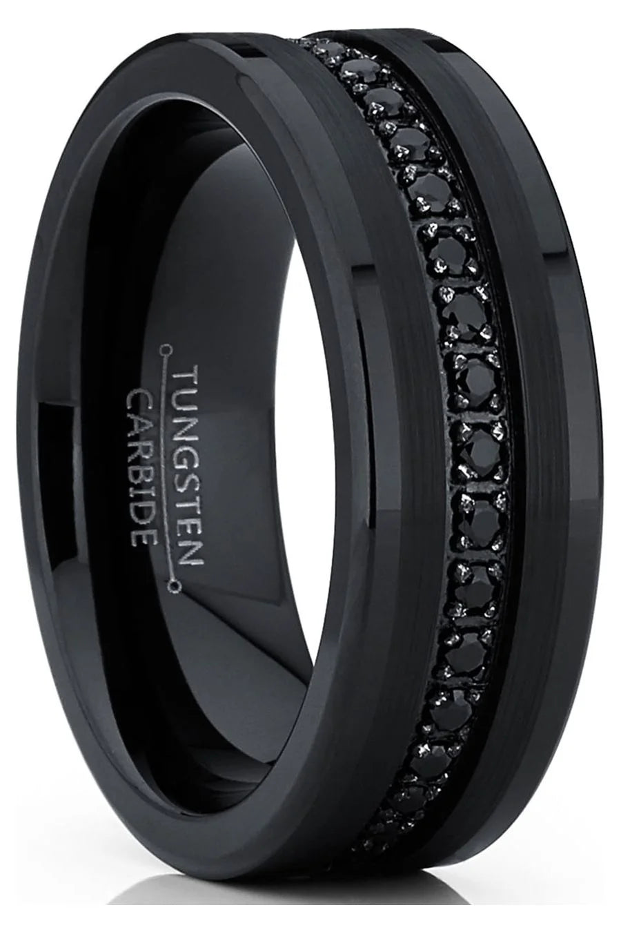 Elevate Your Commitment with Our Men's Genuine Tungsten Black Wedding Band Featuring Stunning Cubic Zirconia Eternity Design and Comfort Fit