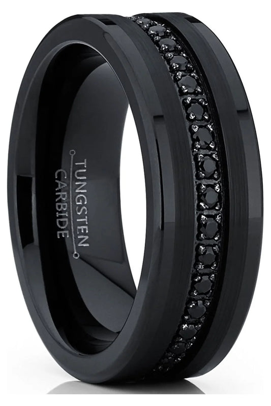 Elevate Your Commitment with Our Men's Genuine Tungsten Black Wedding Band Featuring Stunning Cubic Zirconia Eternity Design and Comfort Fit