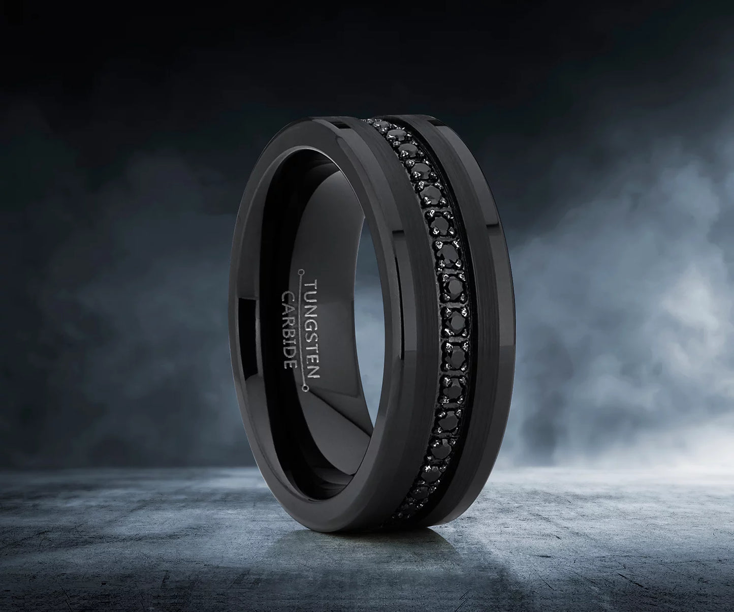 Elevate Your Commitment with Our Men's Genuine Tungsten Black Wedding Band Featuring Stunning Cubic Zirconia Eternity Design and Comfort Fit