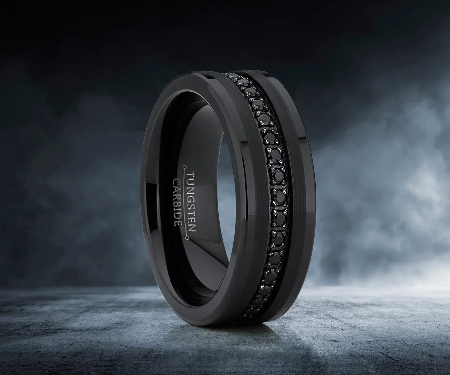 Elevate Your Commitment with Our Men's Genuine Tungsten Black Wedding Band Featuring Stunning Cubic Zirconia Eternity Design and Comfort Fit
