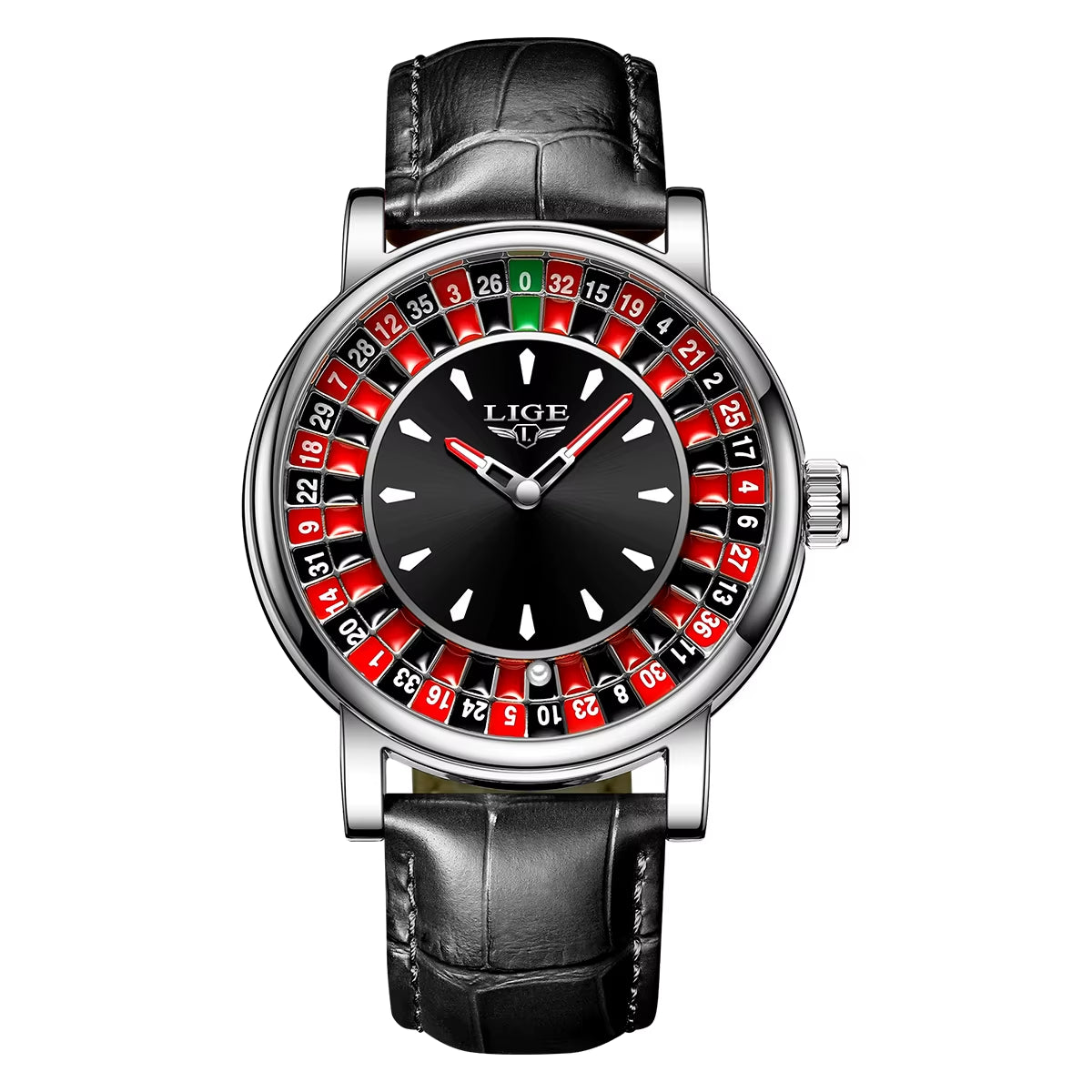 Men's Brown Leather Watch with Unique Las Vegas Roulette Design and Luminous Hands for Enhanced Timekeeping