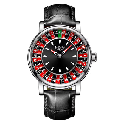 Men's Brown Leather Watch with Unique Las Vegas Roulette Design and Luminous Hands for Enhanced Timekeeping